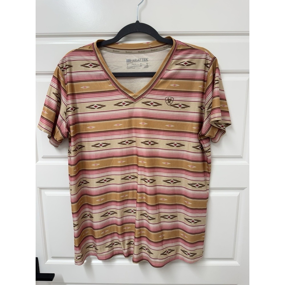 Ariat Tek V Neck Athletic Aztec Womens Short Sleeve Top Pink Large